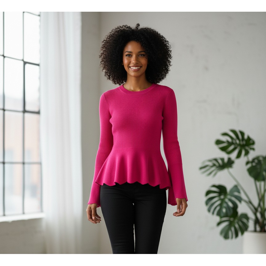 Ted Baker Bobbe Peplum Sweater Womens 3 Pink Merino Wool Scalloped Hem Warm Wear